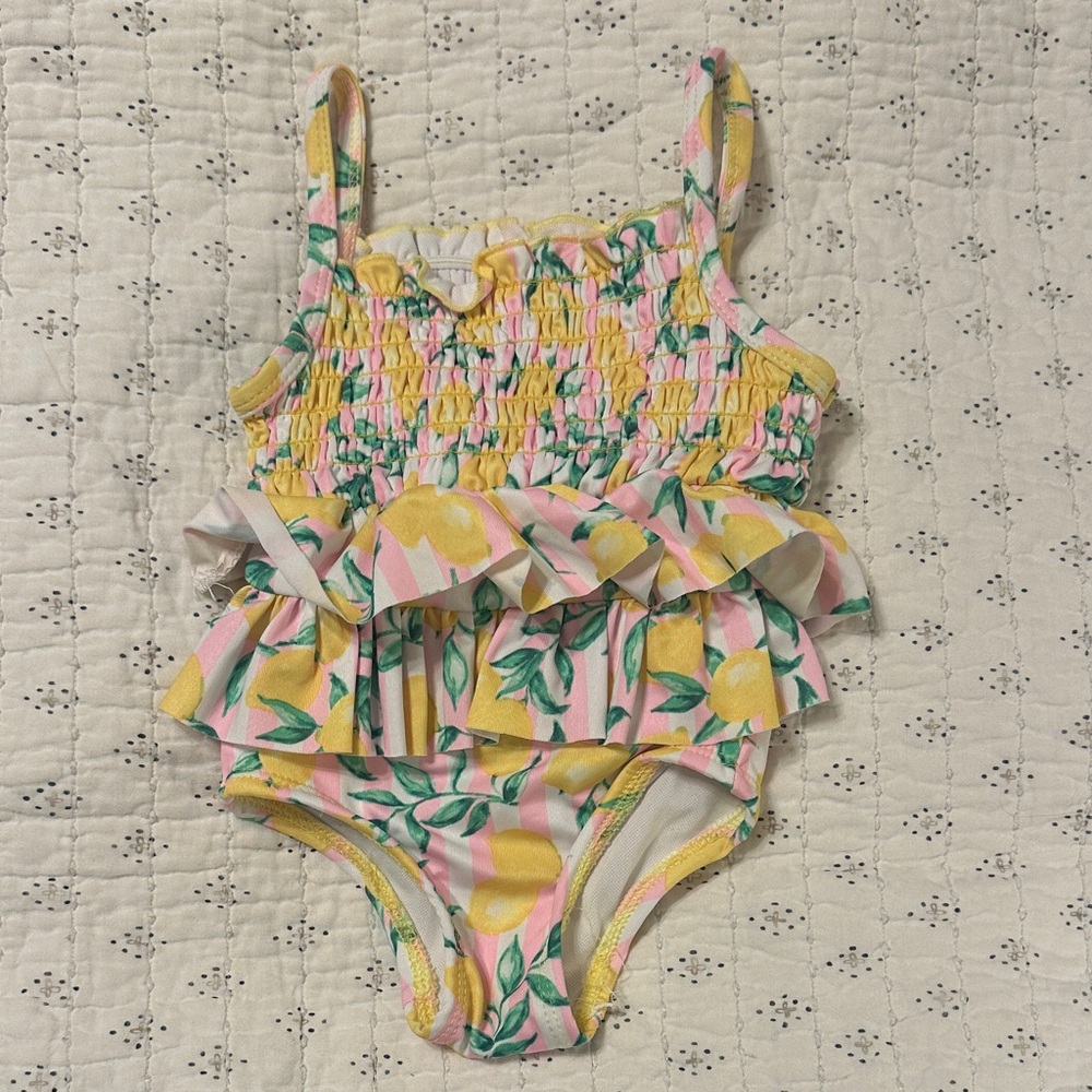 Penelope Mack Girls Yellow Pink Lemon Print Ruffle One-Piece Swim